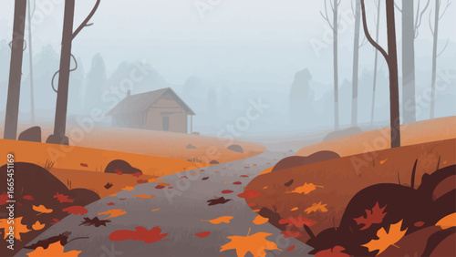 An illustration of a cabin nestled in a misty autumn forest, with a path leading towards it.