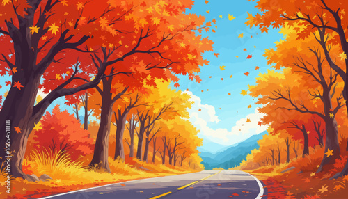 Autumn road with trees displaying vibrant orange and yellow leaves, sky and distant mountains.