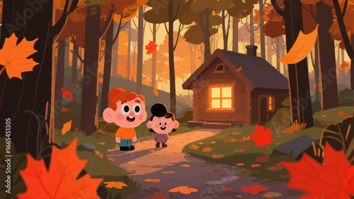 Two children walk a path in a fall forest towards a cozy cabin.