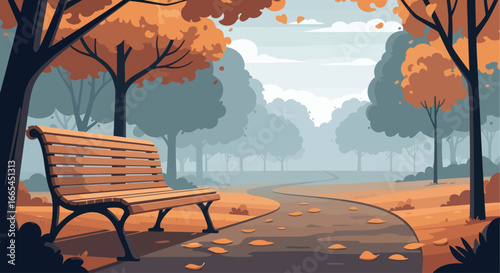 A park scene with a wooden bench beside a winding path, surrounded by trees in autumn colors.