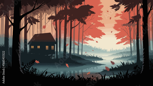 Autumnal forest scene with a small cabin by a misty river.