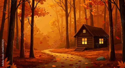 Cozy cabin nestled in an autumn forest, with a winding path leading to it, surrounded by trees with colorful leaves.