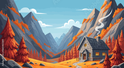 Cozy stone cabin nestled in an autumnal mountain valley, smoke curling from its chimney.