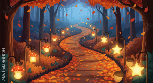 Autumnal forest path illuminated by glowing lanterns, leading into a mystical night scene.
