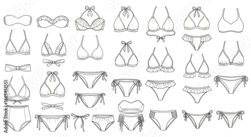 A comprehensive set of hand-drawn bikini and swimsuit templates. Vector line art collection of various female swimwear styles