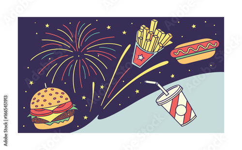 A glowing burst of neon fireworks transforming into fast food combinations including burgers, nuggets, fries, pizza, and milkshakes floating in the sky.