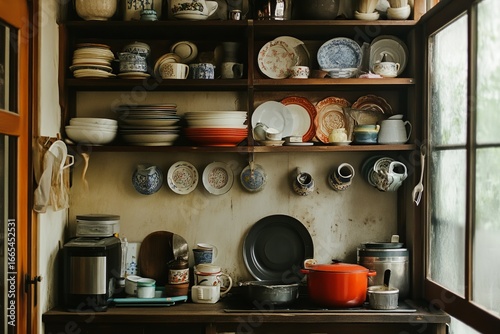 Vintage kitchen shelves filled with dishes and cookware, natural light