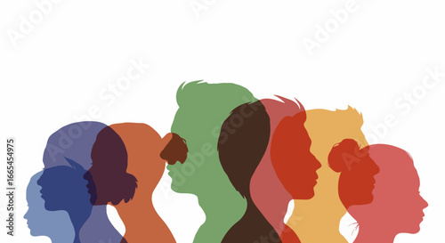 Diverse group of people in profile silhouettes with overlapping colors