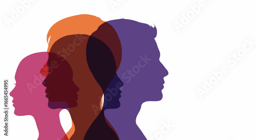 Diverse human silhouettes in profile overlapping with white space