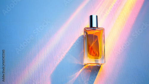 Elegant glass perfume bottle with amber liquid illuminated by colorful refracted light beams