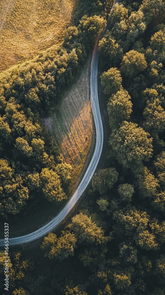 Fototapeta premium Winding road through a lush forest, aerial view