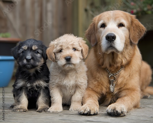 Wallpaper Mural A senior Golden Retriever with a chain collar poses with two scruffy puppies one black and tan and one blonde. Torontodigital.ca