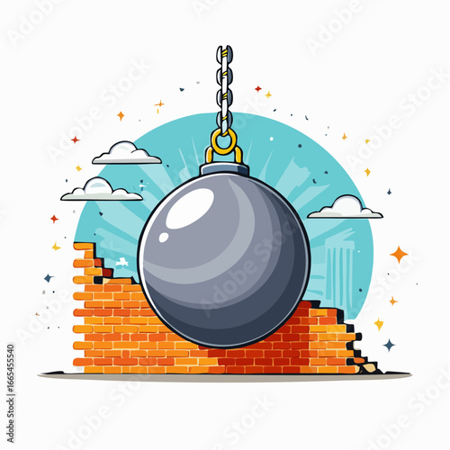 Pixel Art Illustration Of A Large Ball Blocking A Brick Wall