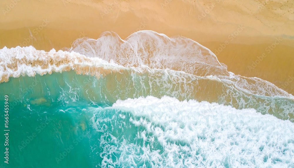 Obraz premium High-angle view of turquoise waves crashing on a light beige sandy beach, displaying foamy white crests and vibrant colors.