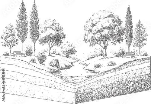 Cross Section Landscape with Trees and River Sketch