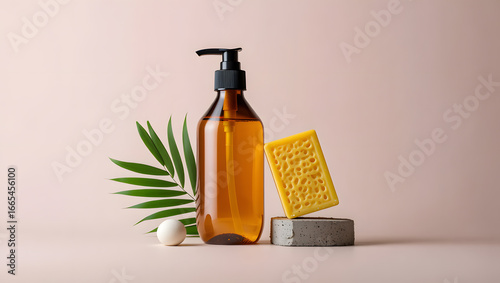 Amber glass pump bottle of liquid soap or lotion with green leaf and textured yellow bar of soap