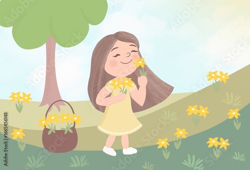 Happy girl in summer on a lawn with flowers and tree and blue sky