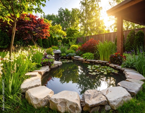Lush garden pond with sunlit ambiance