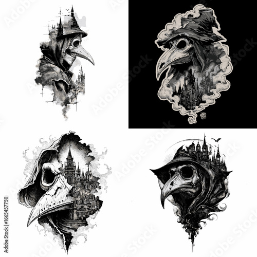 Dark gothic plague doctor illustration in monochrome style with mask, cloak, and medieval elements, symbolizing mystery, history, and fantasy horror.