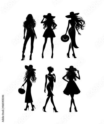 A set of fashion silhouettes, showcasing elegant women in stylish poses and outfits. The designs include figures in cocktail dresses and wide-brimmed hats.