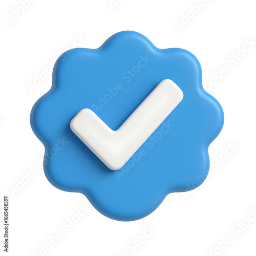 3d blue checkmark badge isolated on white background