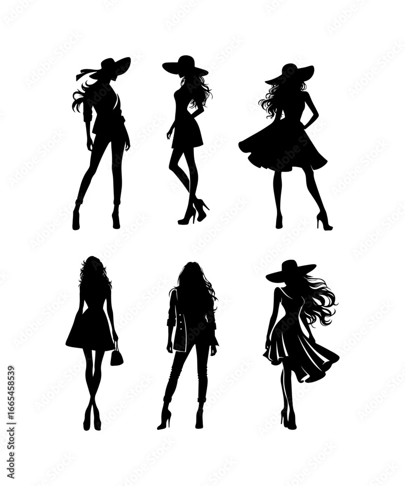 A set of fashion silhouettes, showcasing elegant women in stylish poses and outfits. The designs include figures in cocktail dresses and wide-brimmed hats. A set of fashion silhouettes, showcasing elegant women in stylish poses and outfits. The designs include figures in cocktail dresses and wide-brimmed hats.