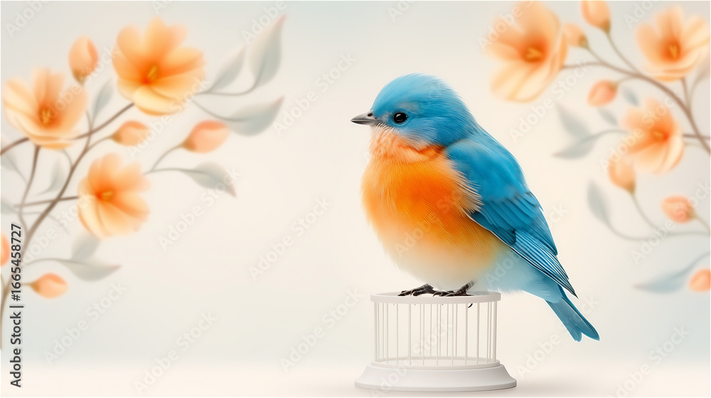Obraz premium A small, cute blue and orange bird sits on a small iron pedestal against a light background with orange branches covered in flowers. Copy space.