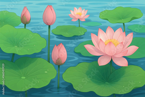 Pink Lotus Flowers with Green Lily Pads on Water