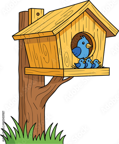 Cartoon wooden birdhouse on tree with parent bird and chicks inside, wildlife family illustration for nature, garden, or educational designs