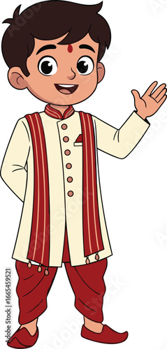 Cute cartoon Indian boy waving, wearing traditional kurta and churidar, smiling children’s character illustration for cultural, festive, and educational designs