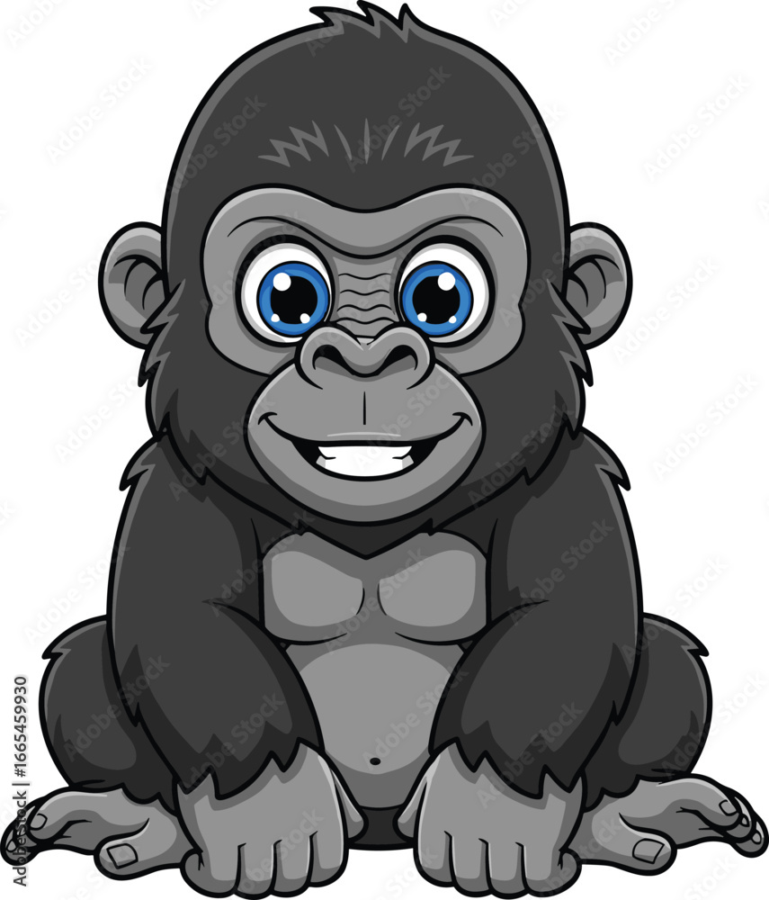 Obraz premium Cartoon baby gorilla sitting, cute jungle animal illustration, smiling primate character, wildlife education concept, children’s zoo animal vector art