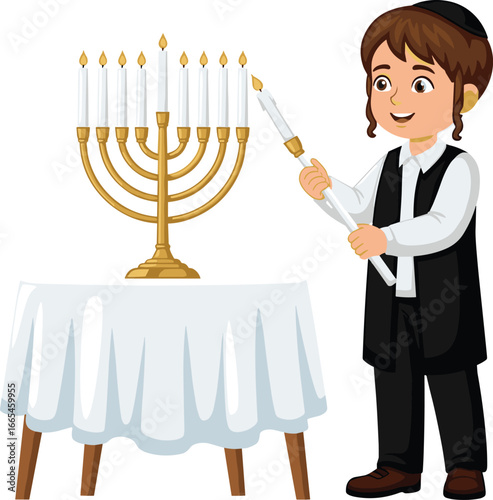 Cartoon child lighting Hanukkah menorah with shamash candle, Jewish holiday illustration for cultural, festive, and educational designs