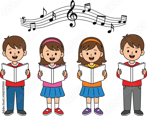 Cartoon children singing with books, cheerful kids choir illustration, music education concept, group performance, joyful learning activity, musical notes vector art