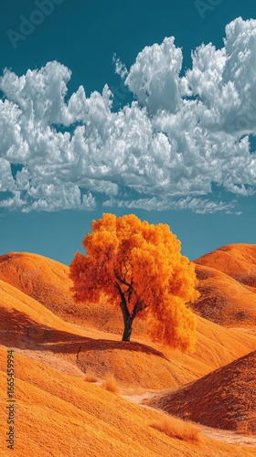 Orange tree atop a golden hill, dramatic sky