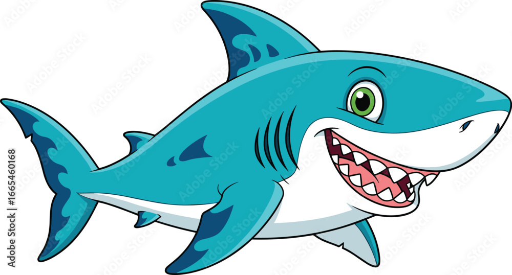 Fototapeta premium Cute cartoon blue shark with big smile and sharp teeth, friendly sea animal illustration for kids, ocean, and educational designs