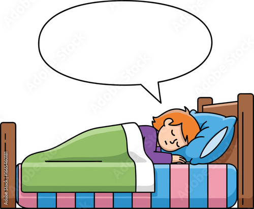 Cartoon person sleeping in bed with green blanket and empty speech bubble, peaceful rest or dreaming illustration for creative designs