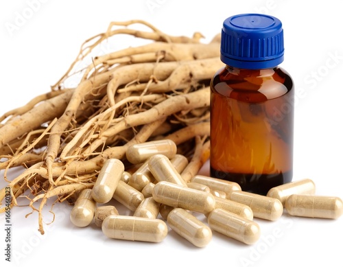 Dried ginseng roots and capsules on white background