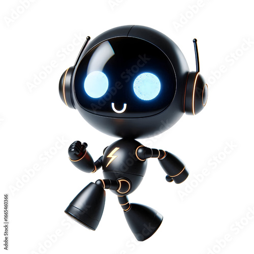 Cute smiling black robot man dancing 3D with glowing eyes with white background