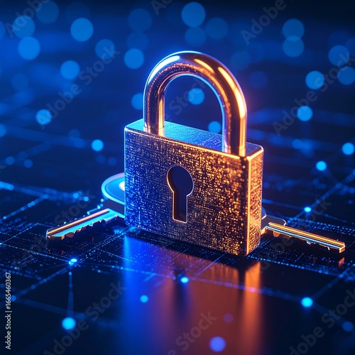 Golden lock and keys on a digital network