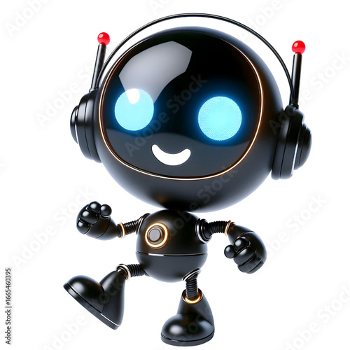 Cute smiling black robot man dancing 3D with glowing eyes with white background