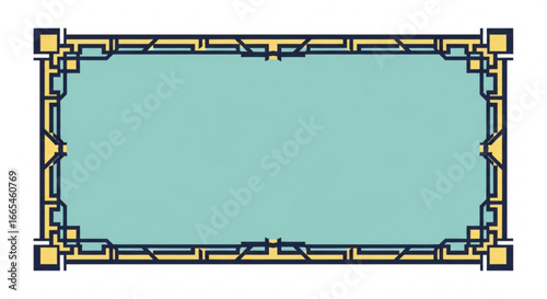 An elegant Art Deco style rectangular frame with intricate geometric patterns in blue, yellow, and teal.