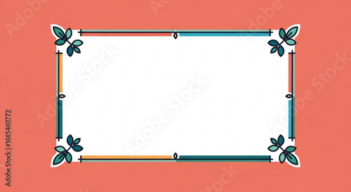 A decorative rectangular frame with ornate corner details on a coral background.