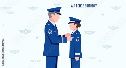 An illustration depicting a senior Air Force officer pinning a medal on a younger officer during a celebration.