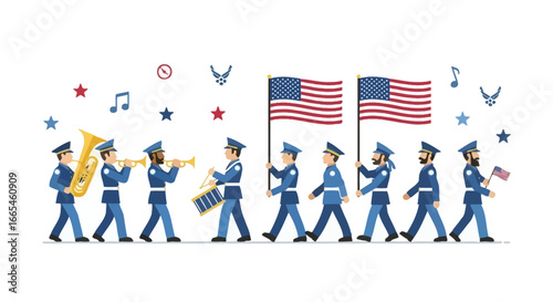 A patriotic illustration of a marching band and flag bearers in a parade.