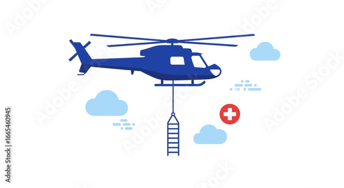 A blue helicopter transports a rescue stretcher, with medical symbol and clouds.
