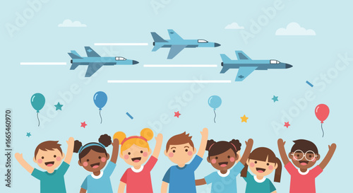 Happy children watch a thrilling air show with fighter jets soaring overhead.