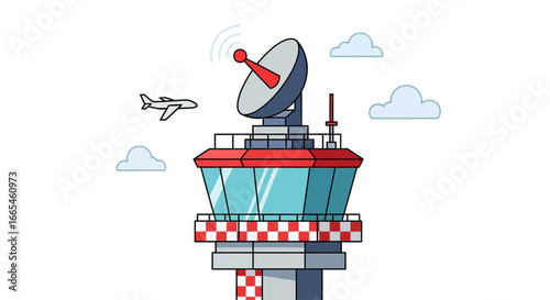 An illustrated air traffic control tower with a radar dish sending signals and an airplane flying nearby.