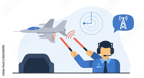 Air traffic controller guiding a fighter jet using radar and communication technology.