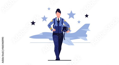 A confident female military pilot in uniform holds her helmet, standing in front of a fighter jet.