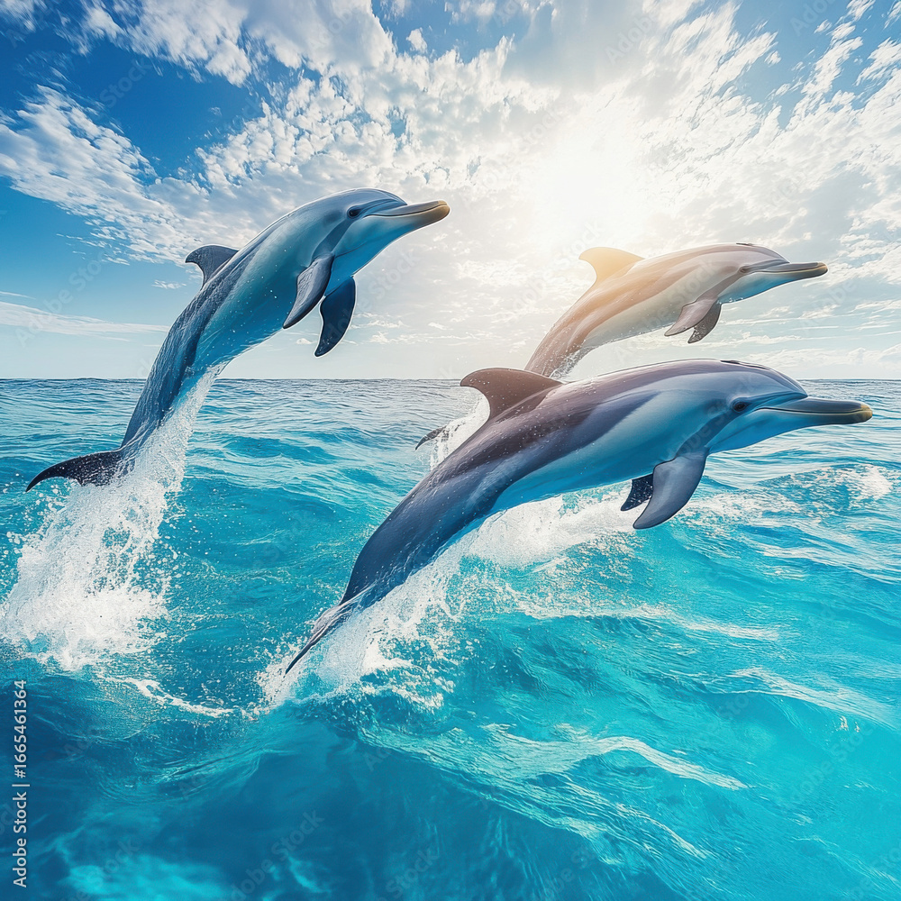 Fototapeta premium Playful dolphins leaping through crystal-clear turquoise waters, sunlight reflecting off their sleek bodies, ultra-detailed textures, cinematic ocean photography, high-resolution wildlife shot 